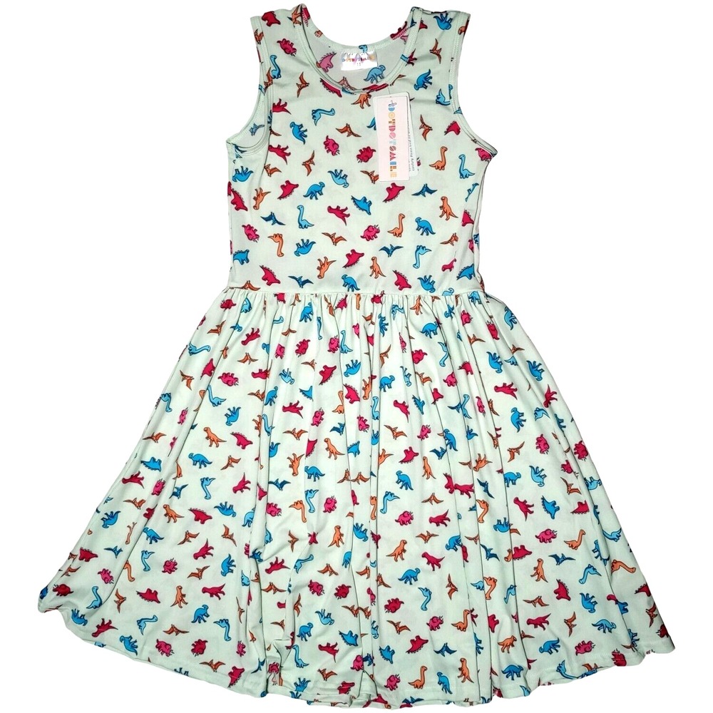 Dot Smile Girls 11 Yrs Green Dinosaur Sleeveless Tank Twirl Dress‎ Mint NWT